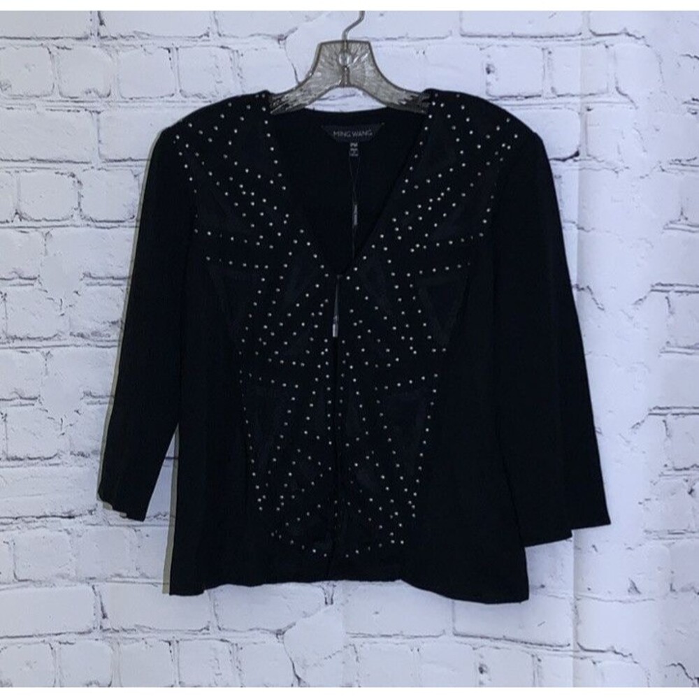 Ming Wang Knit Cardigan  Petite Medium Black Geometric Stud Open Front Jacket